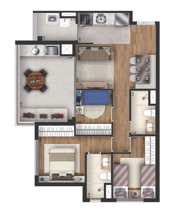Planta Tipo | 76m² | Torre View | Skyline Jockey – Butantã - São Paulo - São Paulo Planta Tipo | 76m² | Torre View | Skyline Jockey – Apartamento no Butantã - São Paulo - São Paulo